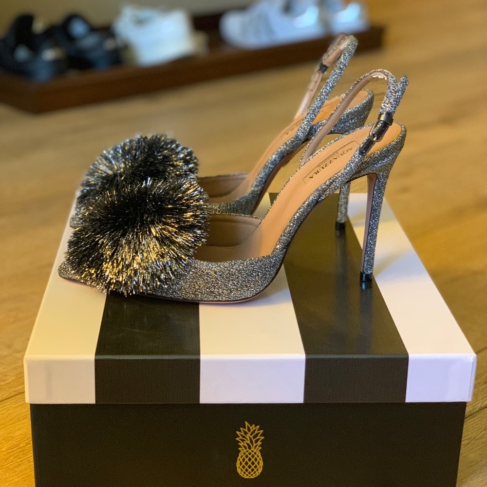 ❌SOLD❌Aquazzura Powder Puff Silver Metallic Slingback - Picture 1 of 6